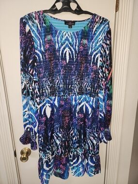 Augustine Blue Teal & Purple Abstract Smocked Dress Knee Lenght Chic